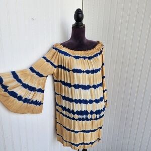 Seven Islands Women's Navy Blue Tan Beige Tie Dye Bell Sleeves Dress Sz M